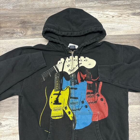 Vintage Y2K Fender Electric Guitars Rock & Roll Black Mens M Full Zip Hoodie EUC - Picture 1 of 9